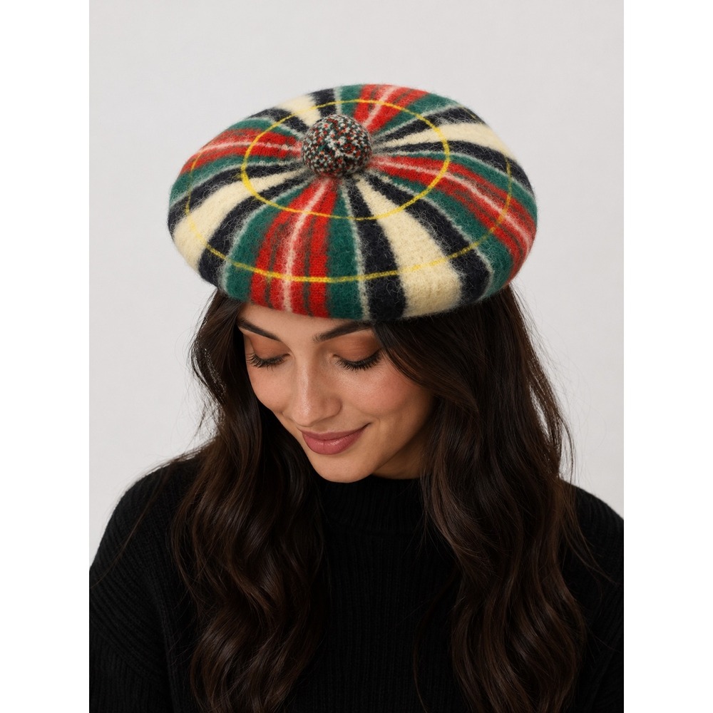 Vintage Dress Stewart 100% Wool Scottish Tartan Tam Beret Hat Scotland Pom Pom